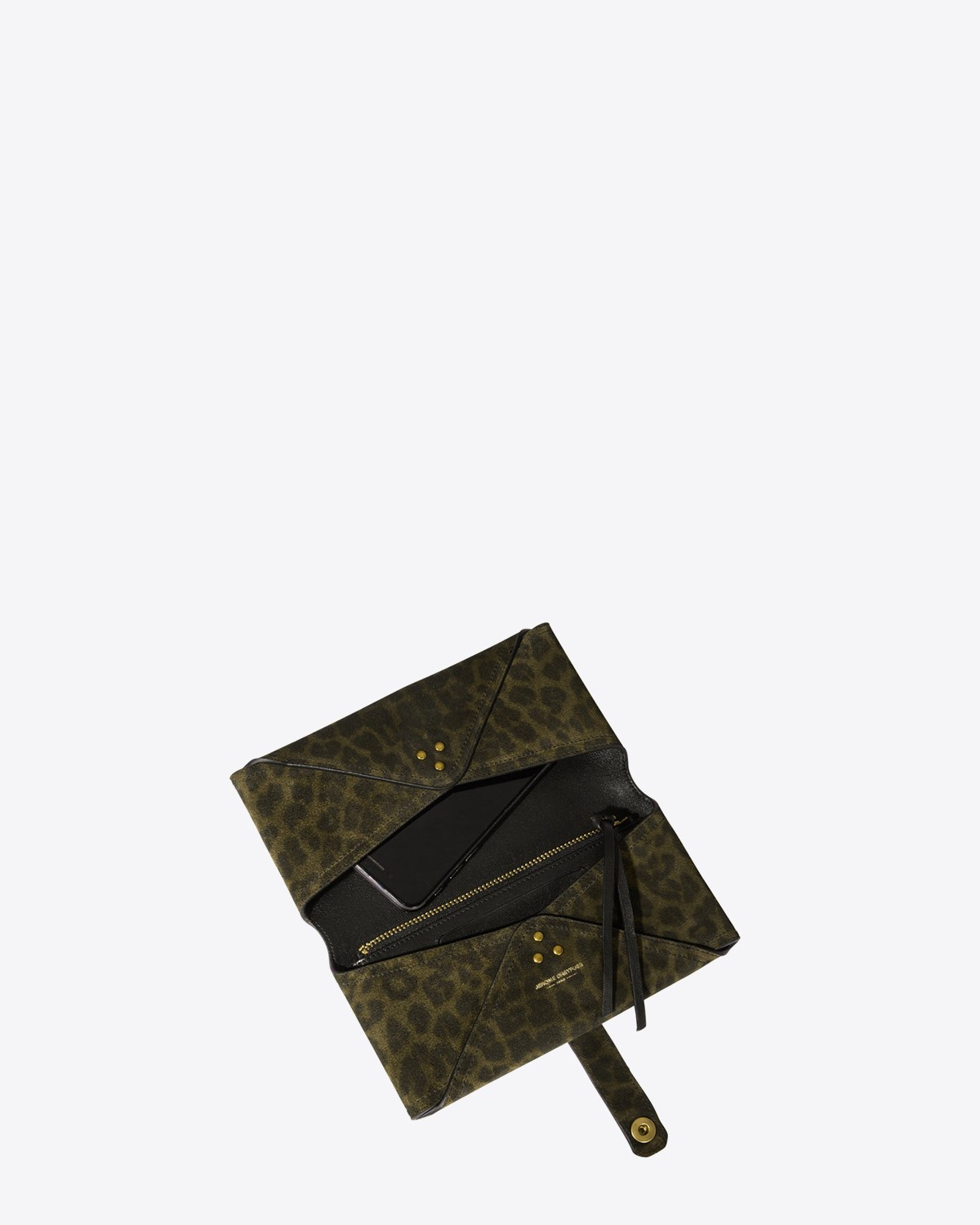 Jérôme Dreyfuss Accessoires Collection Porte Mobile Split Suede Leopard Kaki  