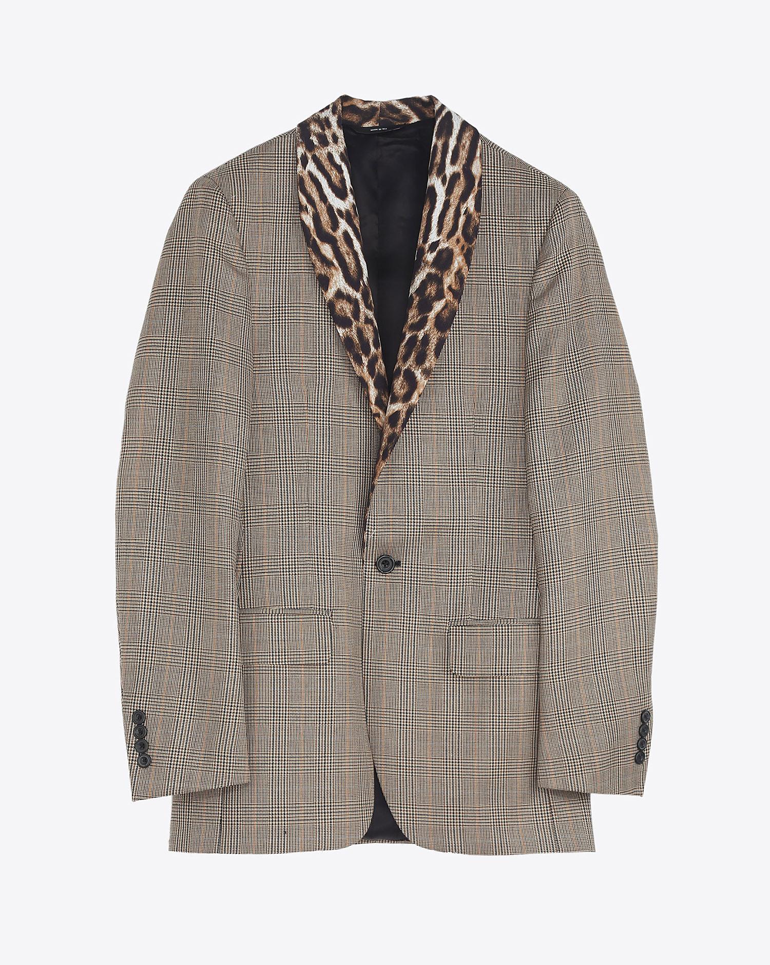 R13 Denim Pré-Collection Shawl Lapel Tuxedo - Brown Glenplaid W/Leopard