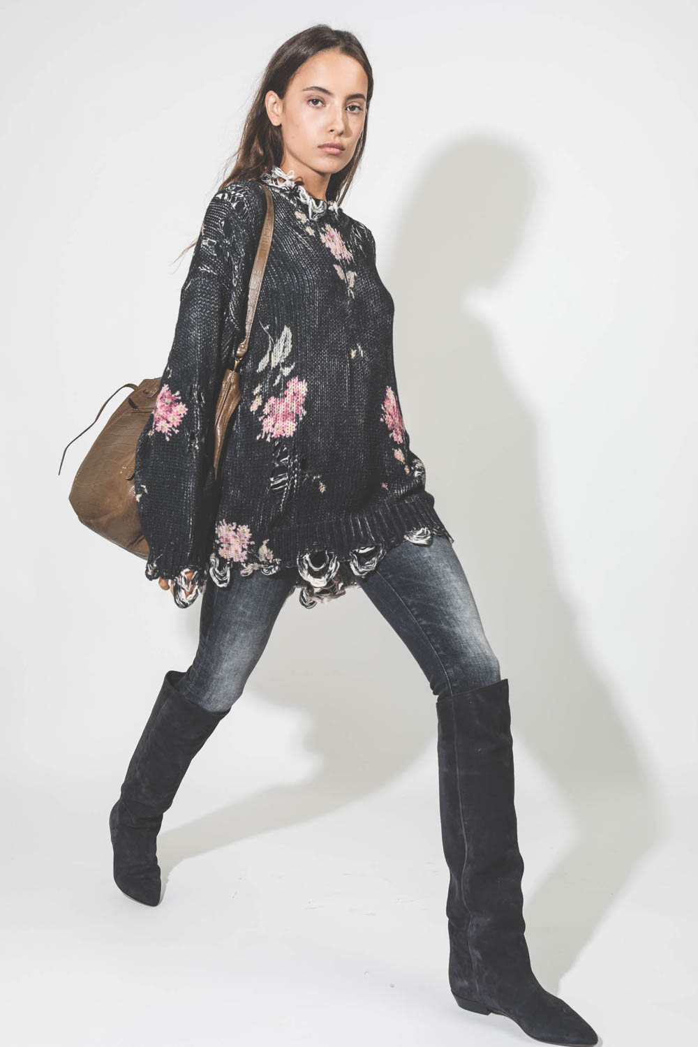 R13 Distressed Oversized Sweater - Floral On Black