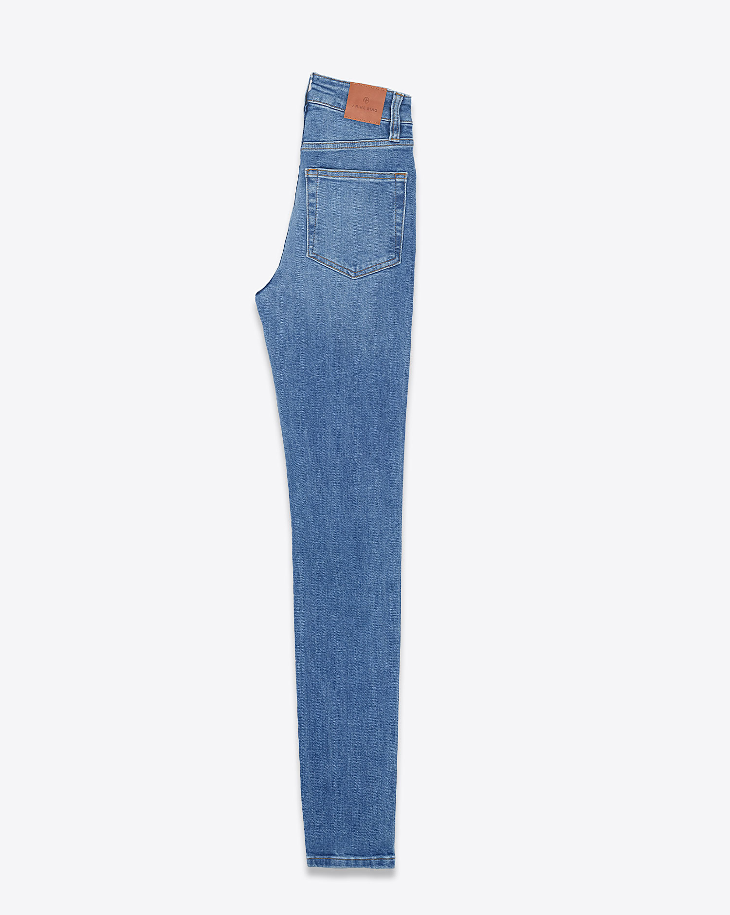 Jean Slim taille haute en denim bleu Beck Anine Bing. Profil