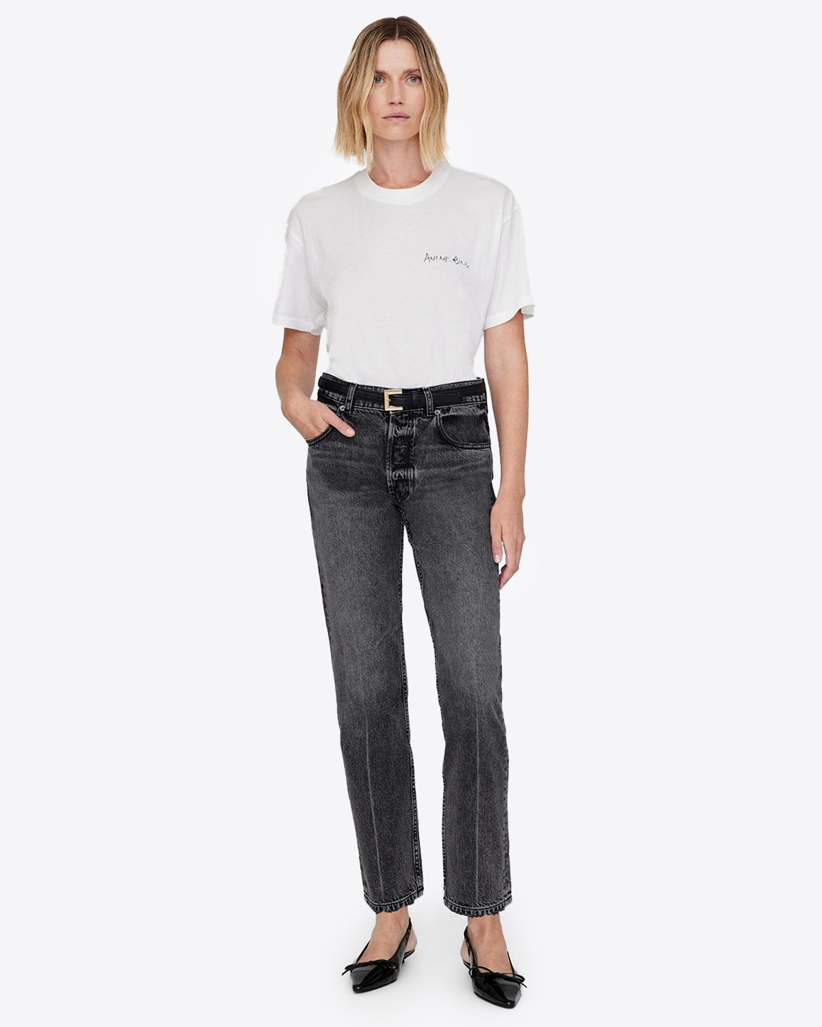 Tee-shirt manches courtes Walker Lyrics Anine Bing en coton blanc. Vue face porté 
