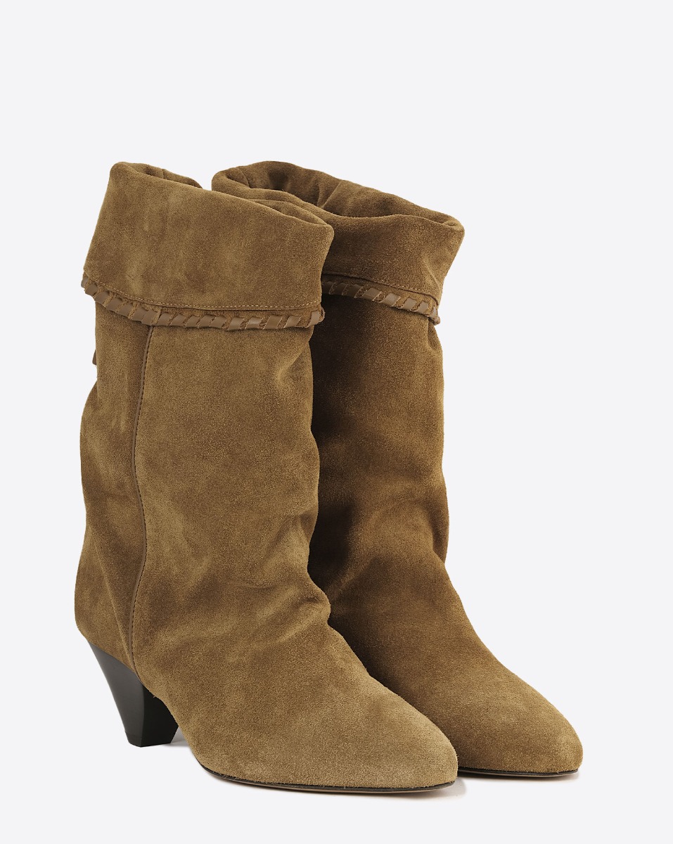 Boots Dalby Isabel Marant en cuir suédé drapé cognac. Face.