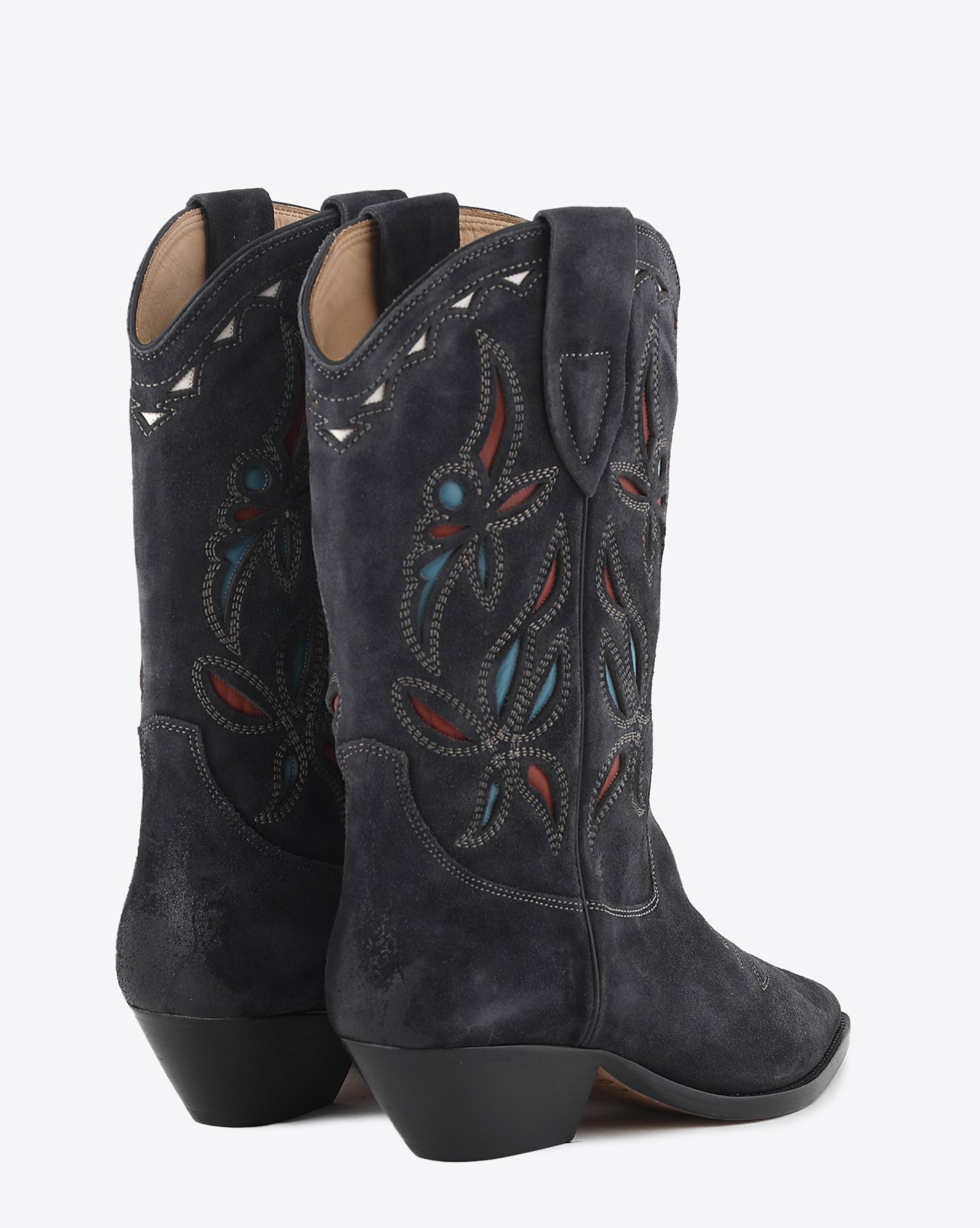 Bottes santiag en daim noir délavé broderies fleurs Isabel Marant. Dos.