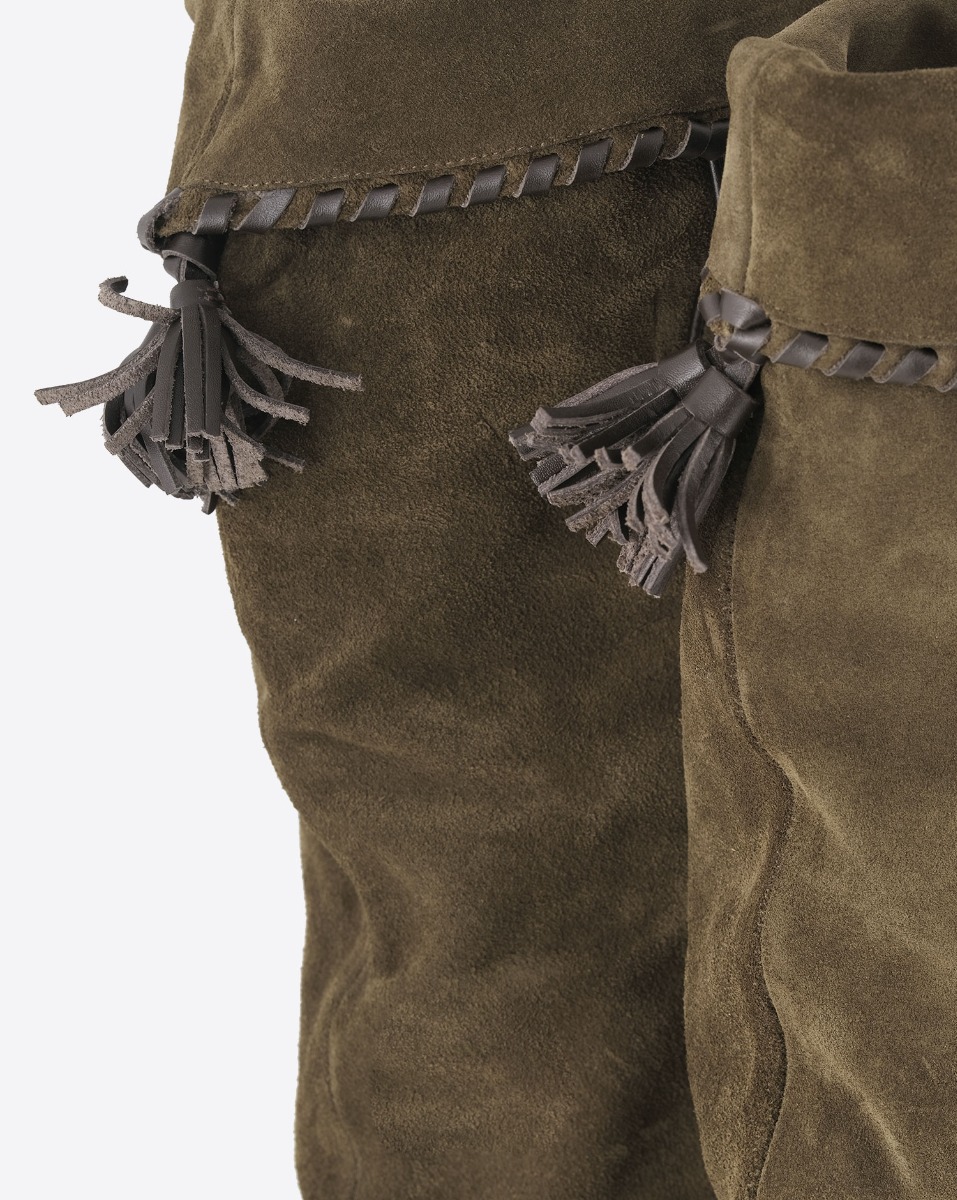 Bottes Elita Isabel Marant en cuir suédé bronze. Détail des pompons à l'arrière. 