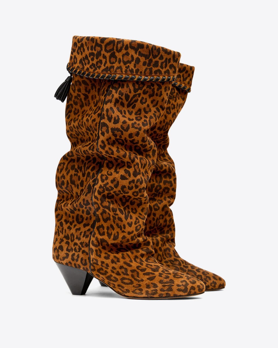 Bottes Elita Isabel Marant en cuir suédé drapé imprimé léopard. 