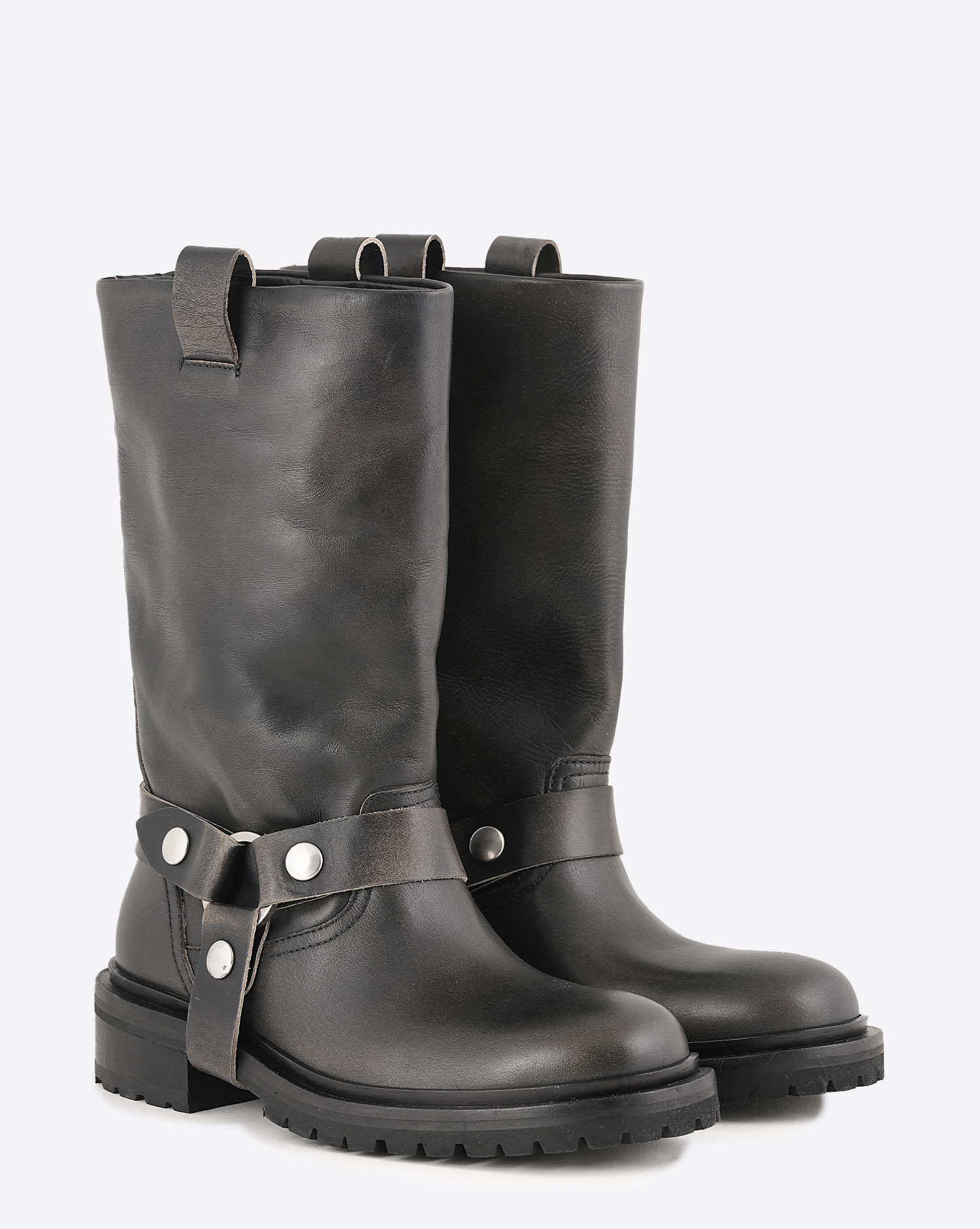 Bottes Biker Kurt Golden Goose en cuir noir délavé. Vue avant.