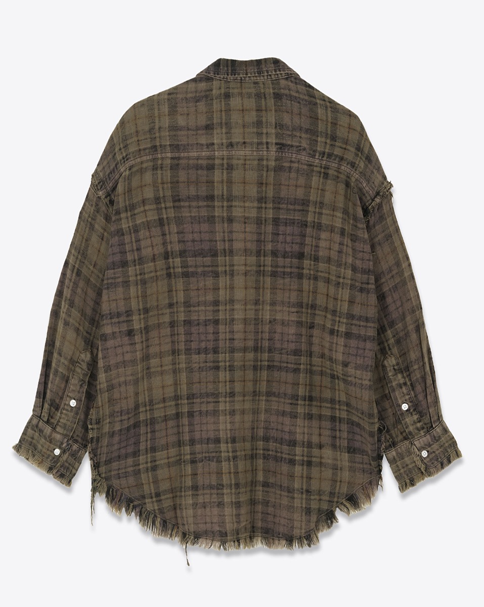 Chemise oversize Shredded Seam Drop Neck Shirt R13 à carreaux marron et kaki. Vue de dos.