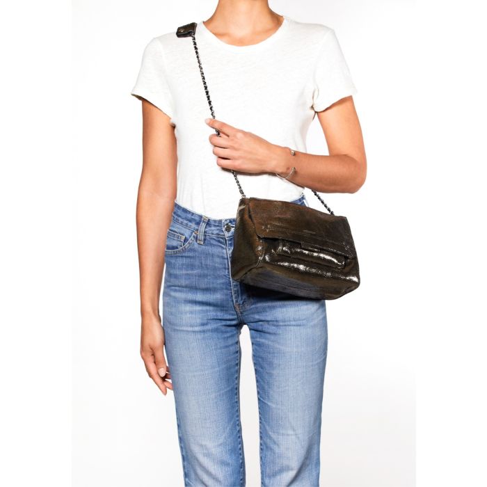 Sac Lulu M chèvre lamé champagne Jérôme Dreyfuss. Porté crossbody. Chaine silver.