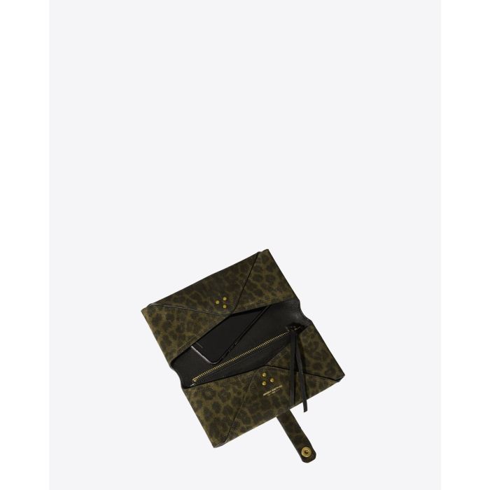Jérôme Dreyfuss Accessoires Collection Porte Mobile Split Suede Leopard Kaki  
