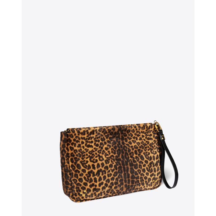 Pochette clic clac XL soft léopard chamois Jérôme Dreyfuss. Profil.