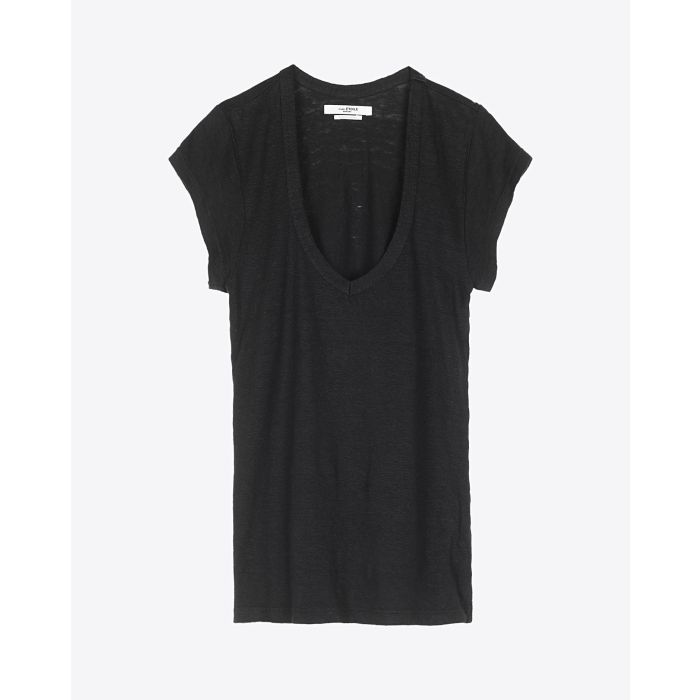 Tee-shirt manches courtes col V en lin noir Zankou Isabel Marant Etoile. 