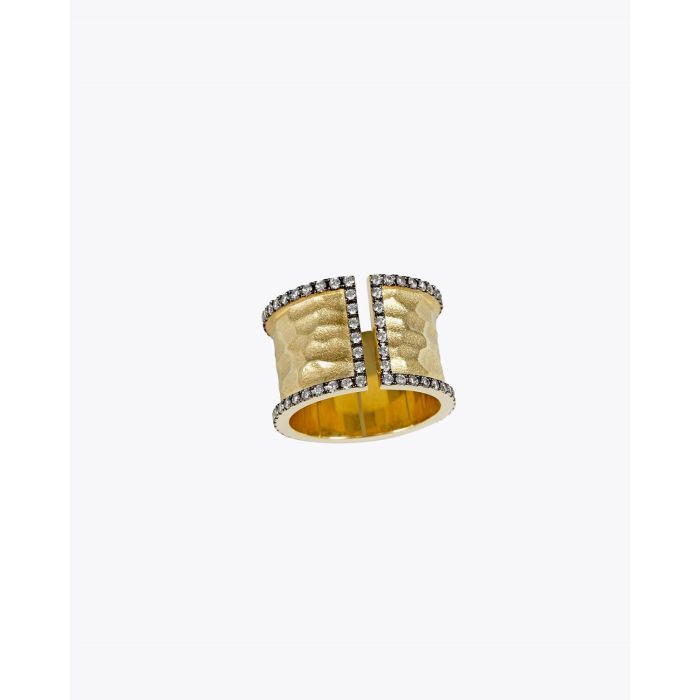 Feidt Bague Ouverte Martelée Serti Grand Modèle Pace e Amore - Or Jaune 9K et Saphirs Blancs  