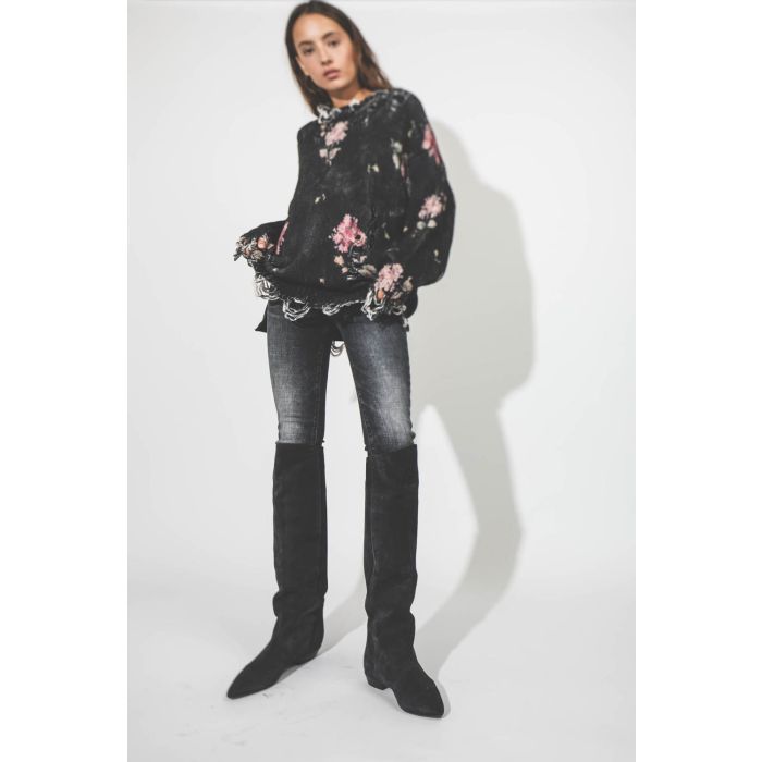 R13 Denim Distressed Oversized Sweater - Floral On Black