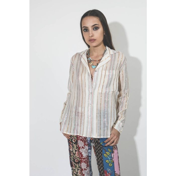 Chemise manches longues en voile de coton à rayures lurex Alix of bohemian. Détail col. 