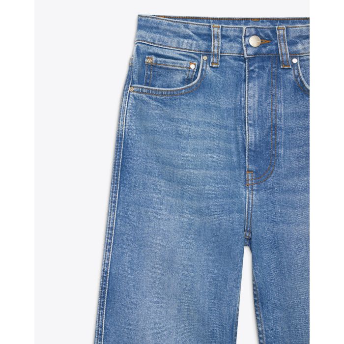 Jean Slim taille haute en denim bleu Beck Anine Bing. Face.