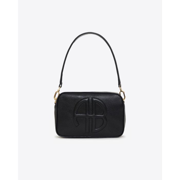 Sac rectangulaire Lili Anine Bing en cuir noir grainé. Vue face avec anse. 