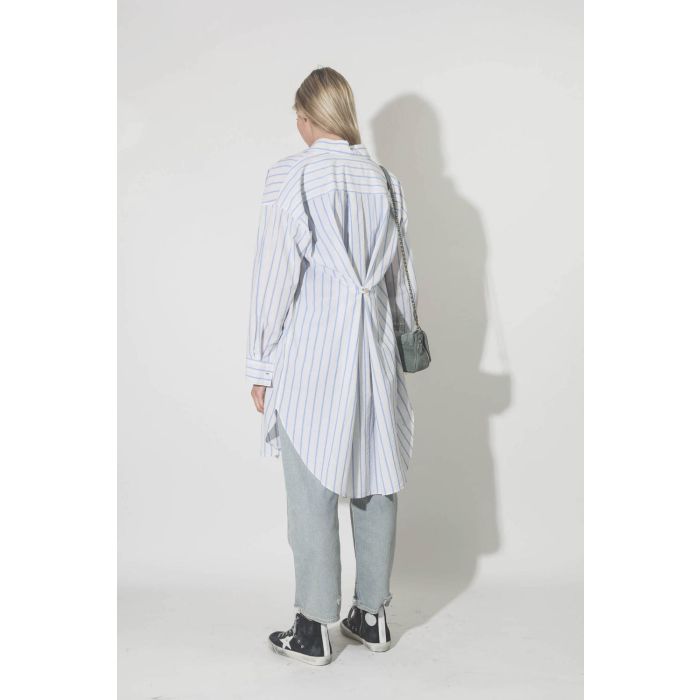 Robe chemise à rayures écru bleu Seen Isabel Marant Etoile. Porté dos.