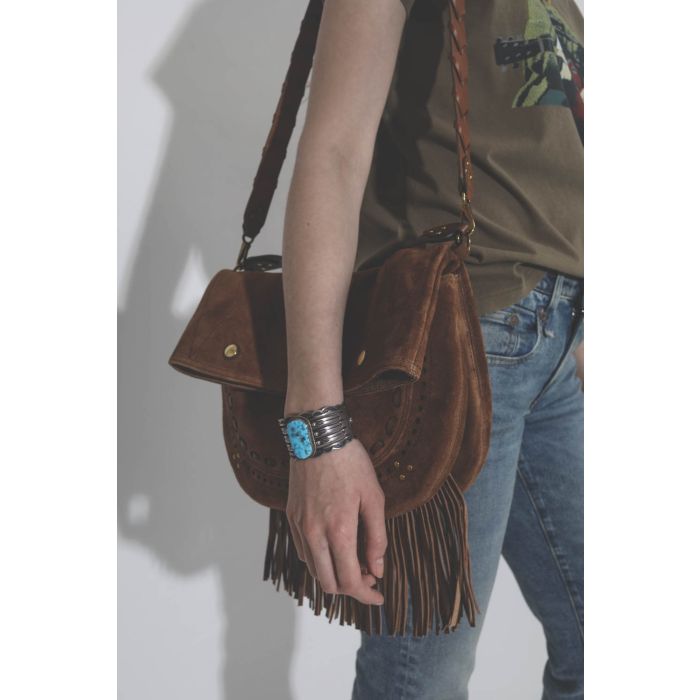 Sac en cuir suédé à franges Jerry M Jérôme Dreyfuss Tabac. Gros plan.