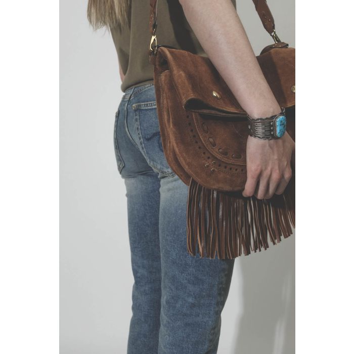 Sac en cuir suédé à franges Jerry M Jérôme Dreyfuss Tabac. Détail.