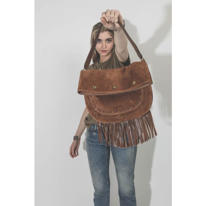 Sac bandoulière courte et longue en cuir suédé à franges Jerry M Jérôme Dreyfuss Tabac. 