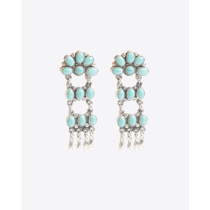 Boucles d'oreilles longues en argent et turquoise Harpo Paris. Pièce unique.