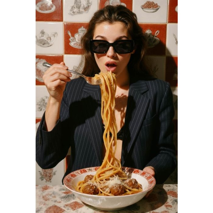 Veste blazer Maia Golden Goose en laine froide bleu nuit à rayures portée de face au restaurant. Création artistique générée avec l'IA.