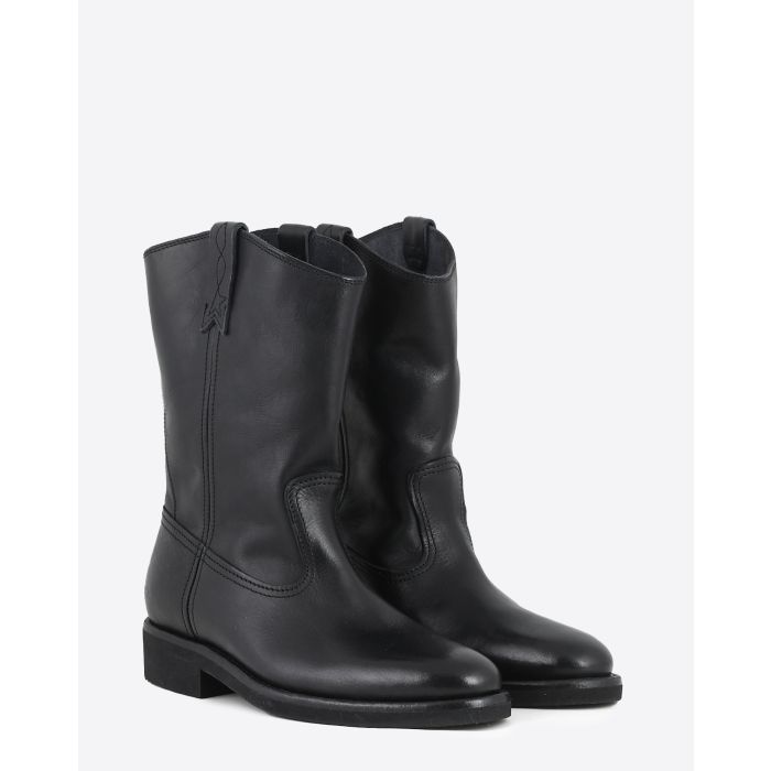 Boots de motards semi-montantes en cuir noir 90100 Golden Goose femme. Face.