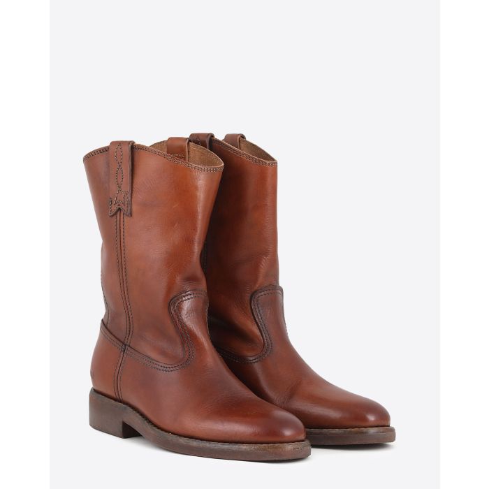 Boots semi-montantes de motard en cuir camel Biker 55312 Golden Goose femme. Face.