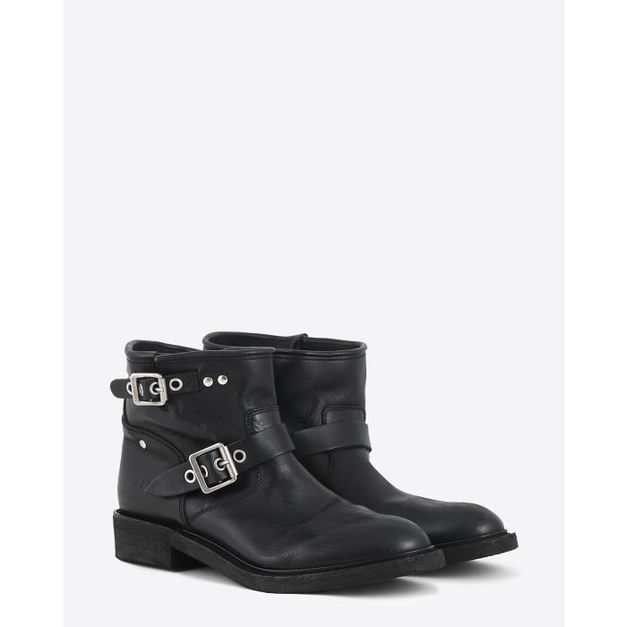 Boots Biker courtes en cuir noir et sangles en métal argent 90100 Golden Goose femme. Face.