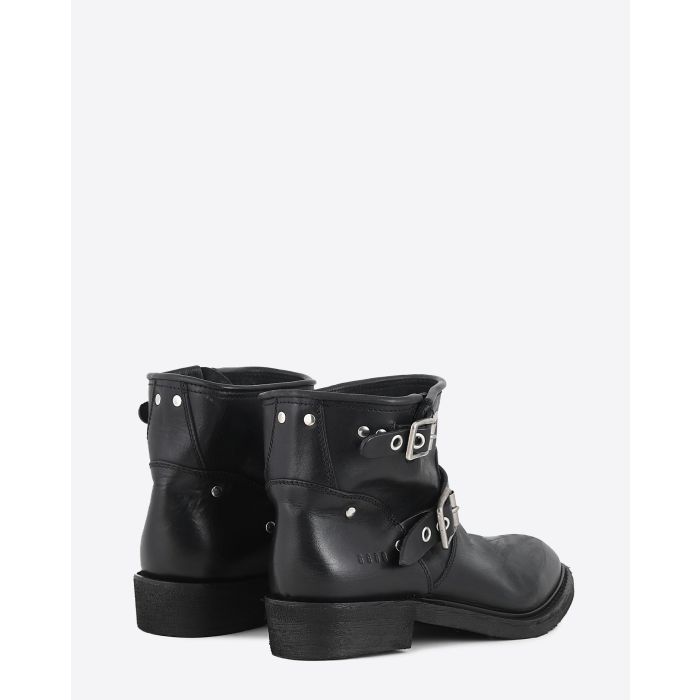 Boots Biker courtes en cuir noir et sangles en métal argent 90100 Golden Goose femme. Dos. 