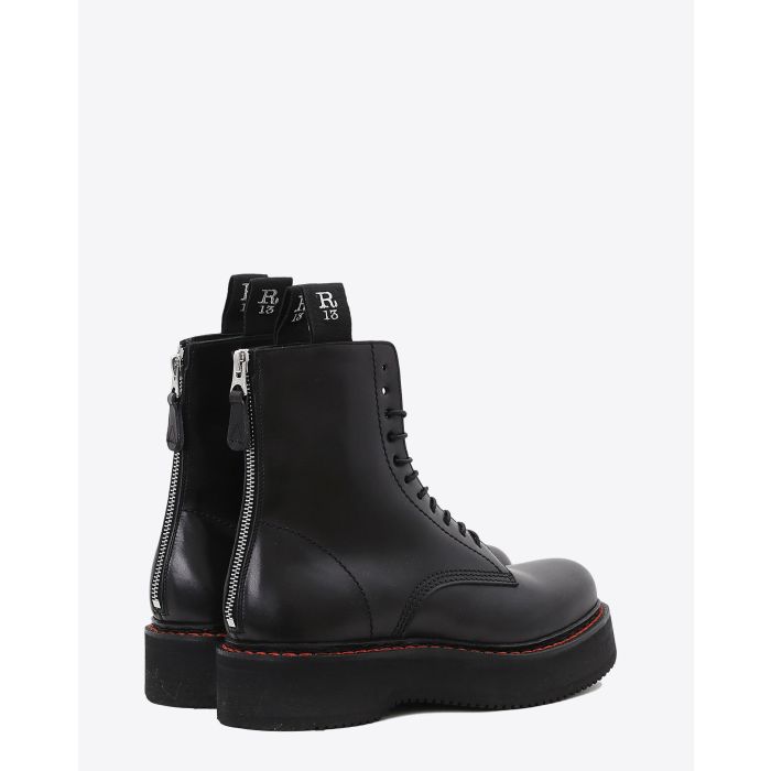 Boots compensées en cuir noir à lacets Single Stack Boots R13. Zip à l'arrière.