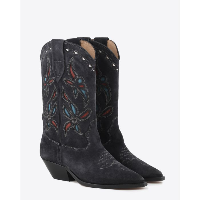 Bottes santiag en daim noir délavé broderies fleurs Isabel Marant. Face.
