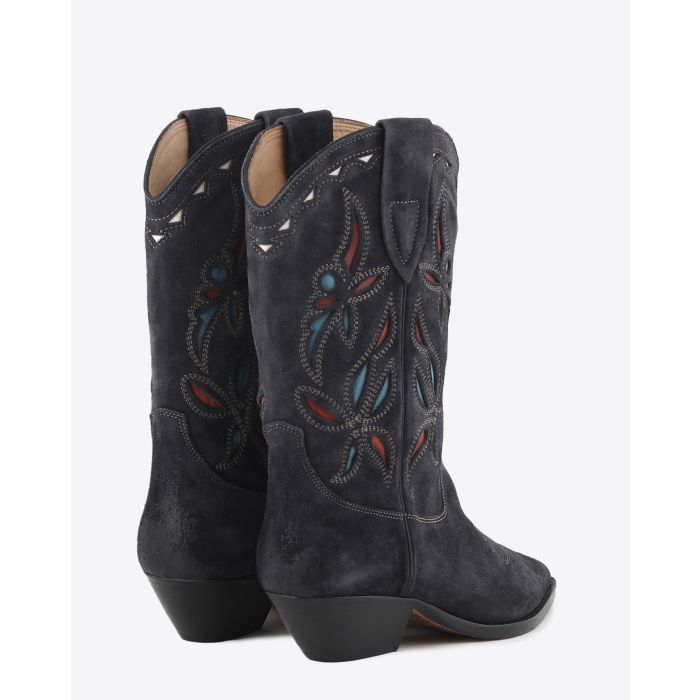 Bottes santiag en daim noir délavé broderies fleurs Isabel Marant. Dos.