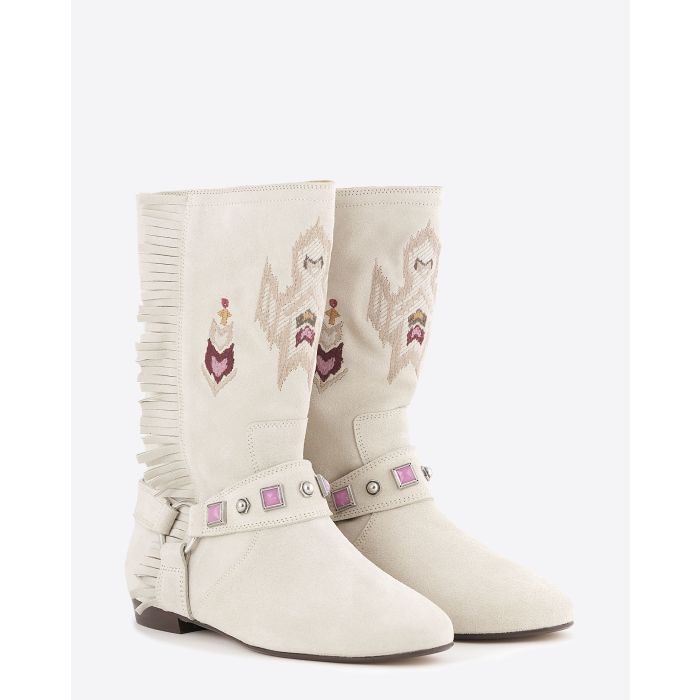 Bottes montantes Siani Isabel Marant en cuir suédé blanc. Vue face.