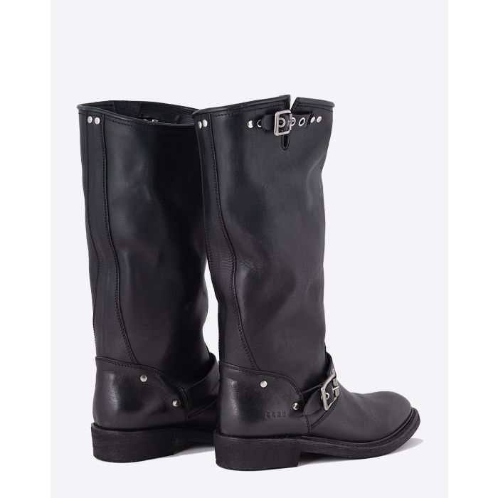 Bottes de biker en cuir noir sangles oeillets métal argenté Golden Goose. Dos.