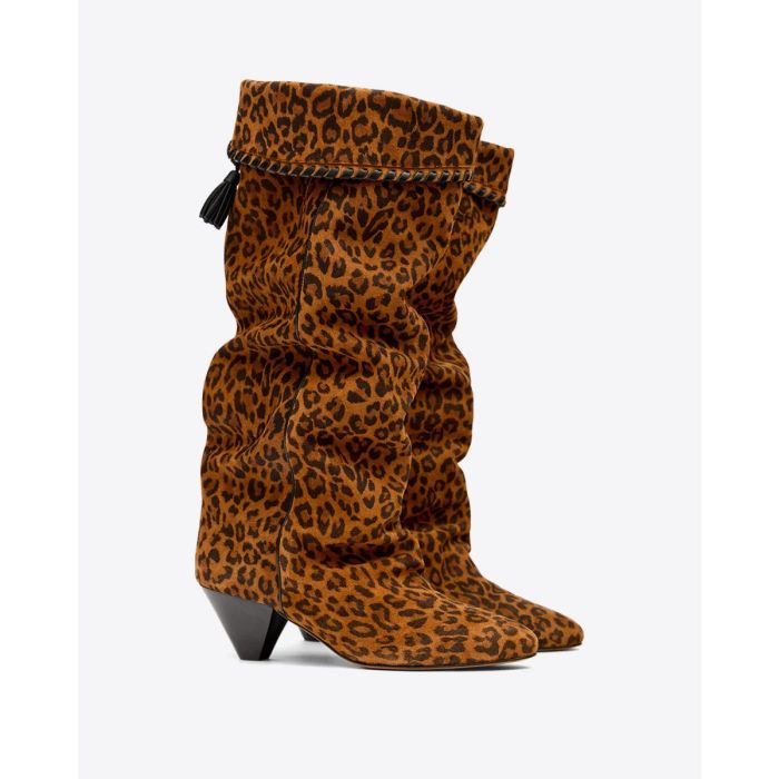 Bottes Elita Isabel Marant en cuir suédé drapé imprimé léopard. 