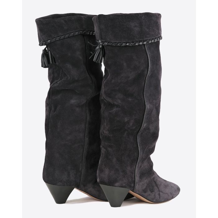 Bottes Elita Isabel Marant en cuir suédé drapé noir délavé. Dos.