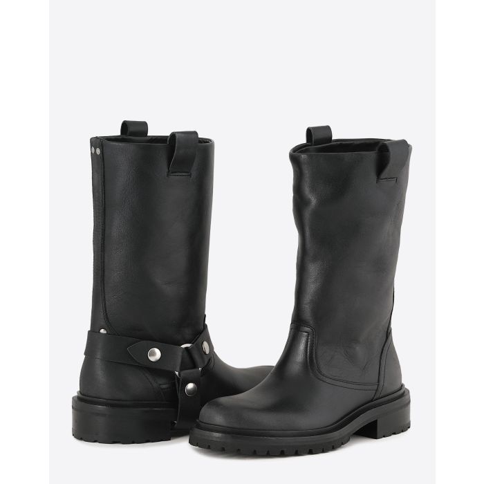 Bottes montantes Kurt Golden Goose en cuir noir. Vue dos et de face sans la sangle amovible. 