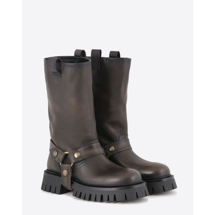 Bottes Kurt Chunky Golden Goose femme en cuir marron vieilli. Vue de face.