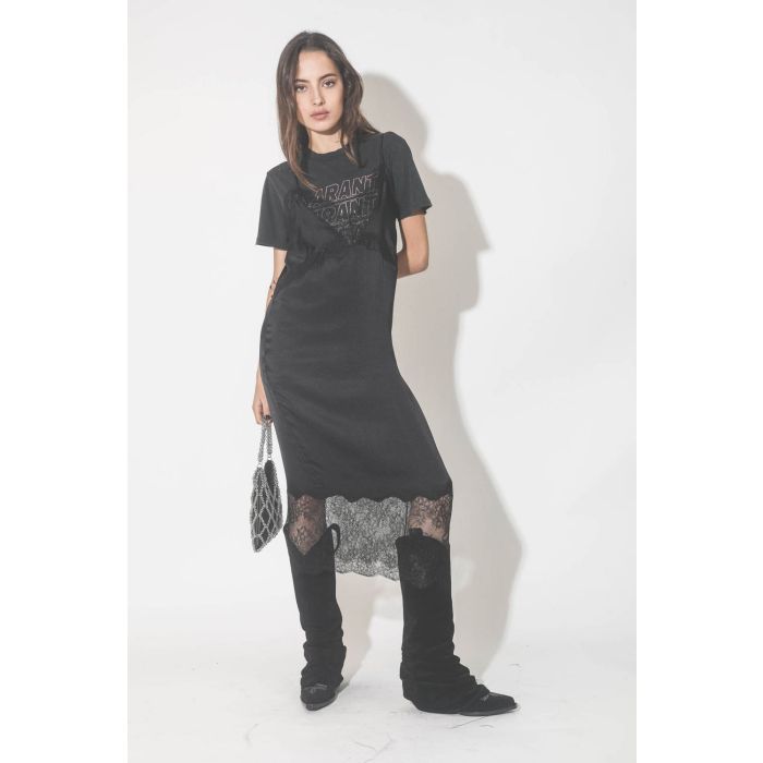 Bottes Santiags en cuir suédé noir R13. Porté avec une robe en soie et dentelle noire.