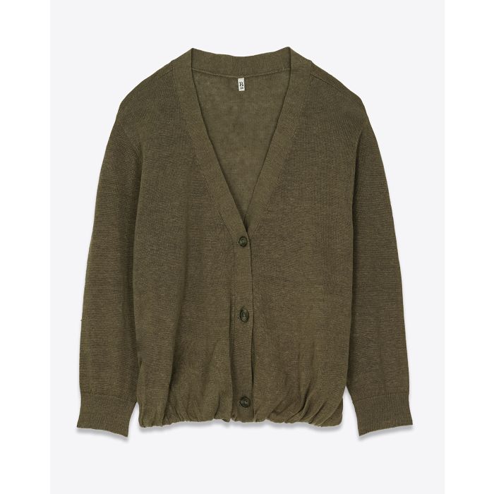 Cardigan manches longues col V en lin kaki Balloon R13. Face.