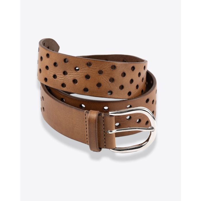 Ceinture en cuir perforé marron Klaudia Isabel Marant. Détail du cuir perforé.