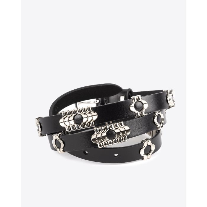 Ceinture bijou en cuir de veau noir et métal argenté Odena Isabel Marant. Détail des ornements en métal argenté.