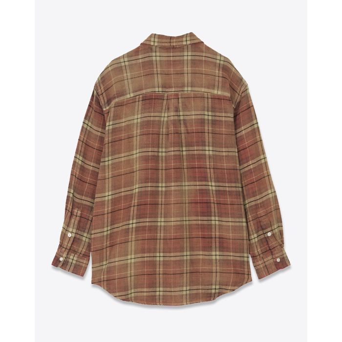 Chemise oversize Boyfriend Shirt R13 en flanelle à carreaux rouges et marron. Vue de dos.