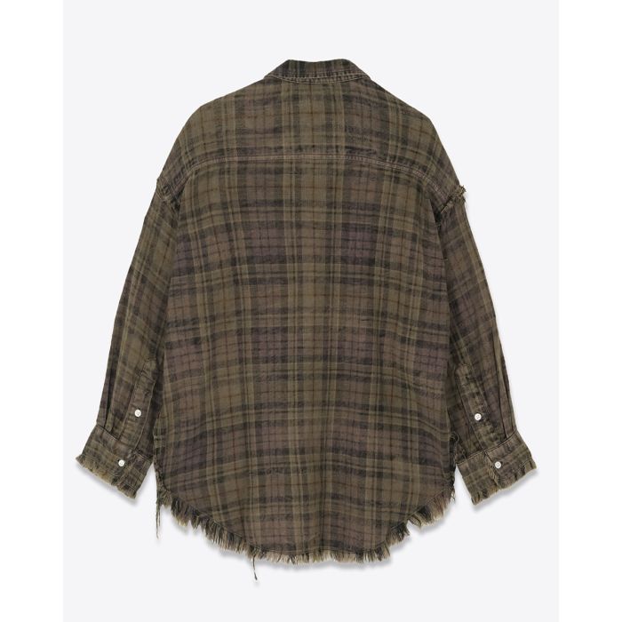Chemise oversize Shredded Seam Drop Neck Shirt R13 à carreaux marron et kaki. Vue de dos.