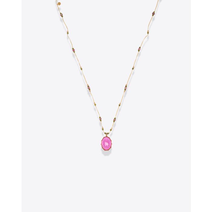 Collier Court Tibétain V Sharing avec pierre Indian Glass Pink sur cordon jaune 