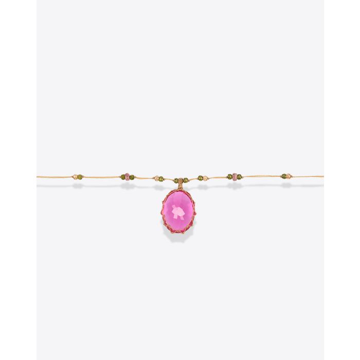Collier Court Tibétain V Sharing avec pierre Indian Glass Pink sur cordon jaune 