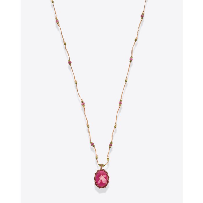 Collier Long Tibétain V Sharing avec une pierre Indian Glass Red sur cordon tabac. 