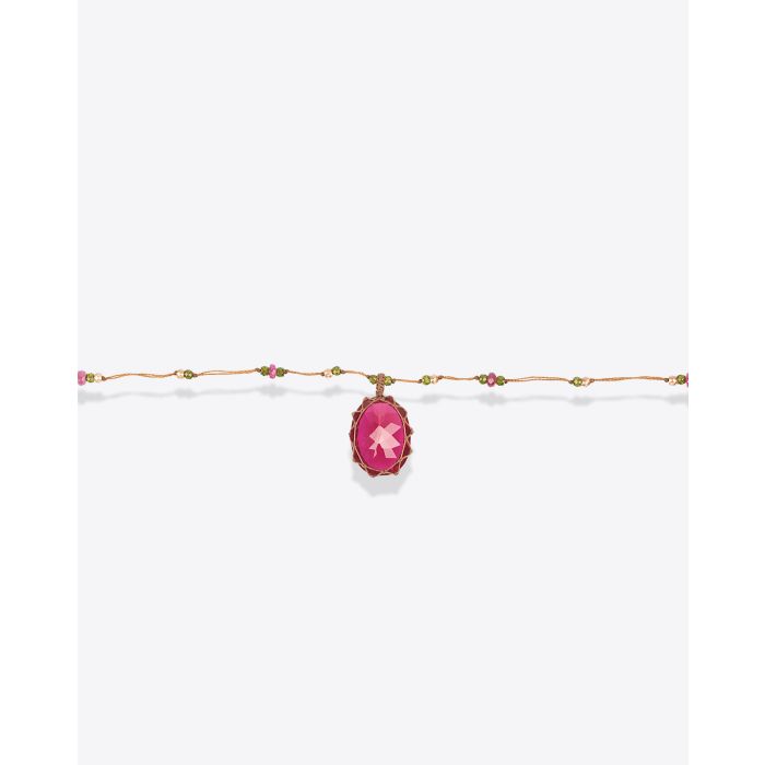 Collier Long Tibétain V Sharing avec une pierre Indian Glass Red sur cordon tabac. 