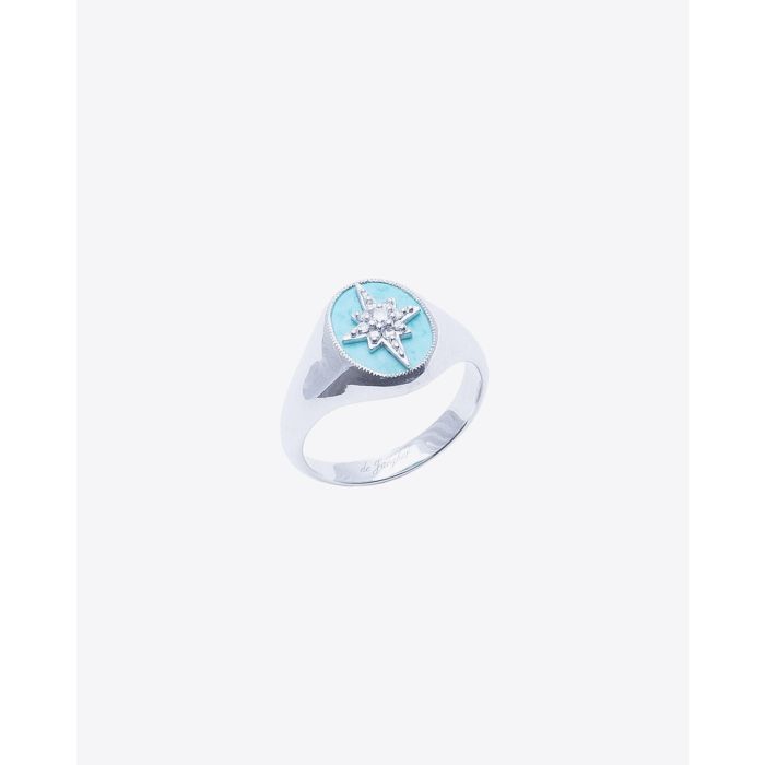 Chevalière en argent turquoise et diamants Make A Wish De Jaegher. Face.